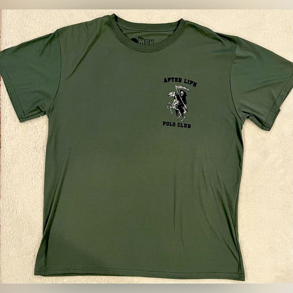 Men’s 2XL Green Graphic T-Shirt Afterlife Polo Club Grim Reaper NWOT NEW